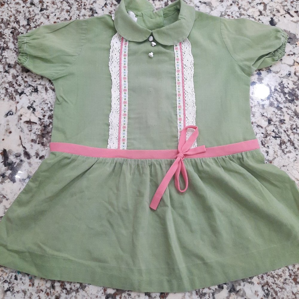 Vintage Kate Greenaway girls dress green 4 toddler pink lace peter pan collar‎
